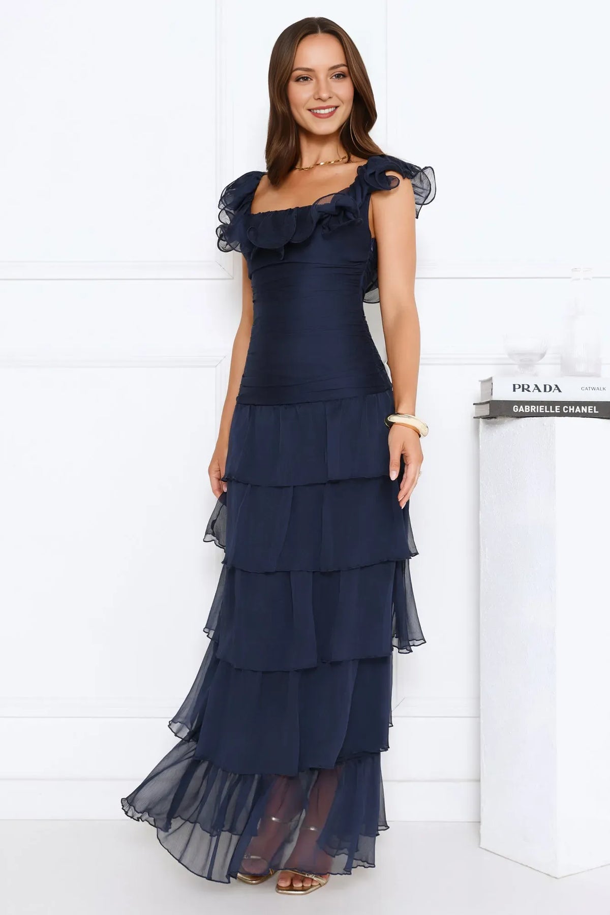 Navy Blue A-Line Square Neck Ruffled Sleeve Ankle-Length Tiered Prom Dresses