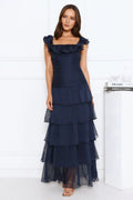 Navy Blue A-Line Square Neck Ruffled Sleeve Ankle-Length Tiered Prom Dresses