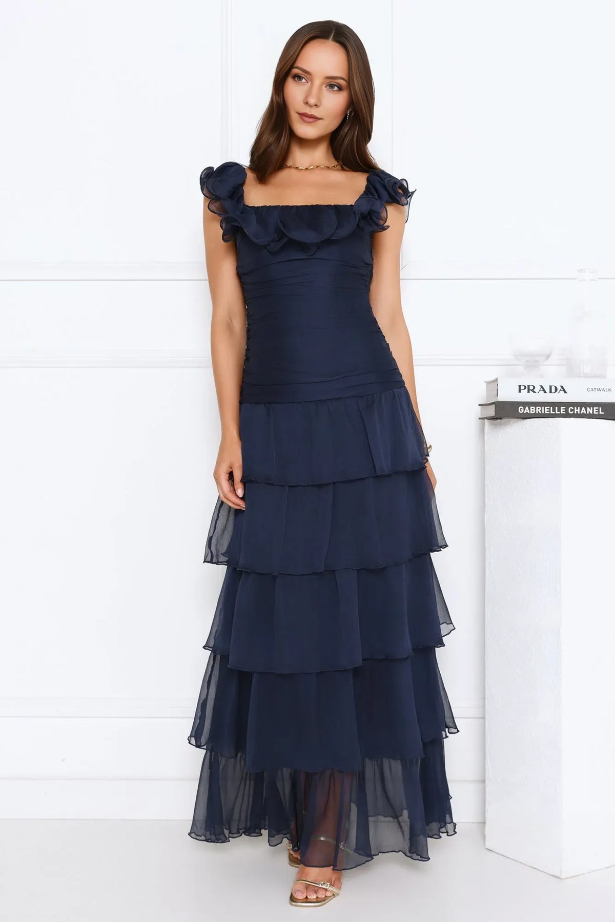 Navy Blue A-Line Square Neck Ruffled Sleeve Ankle-Length Tiered Prom Dresses