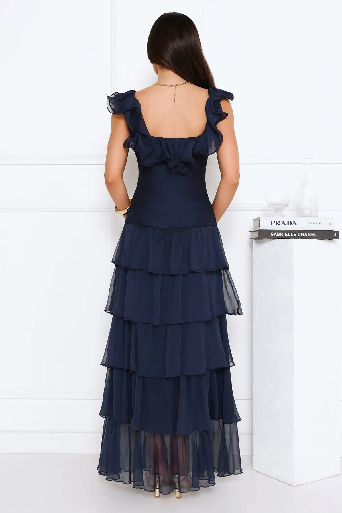 Navy Blue A-Line Square Neck Ruffled Sleeve Ankle-Length Tiered Prom Dresses