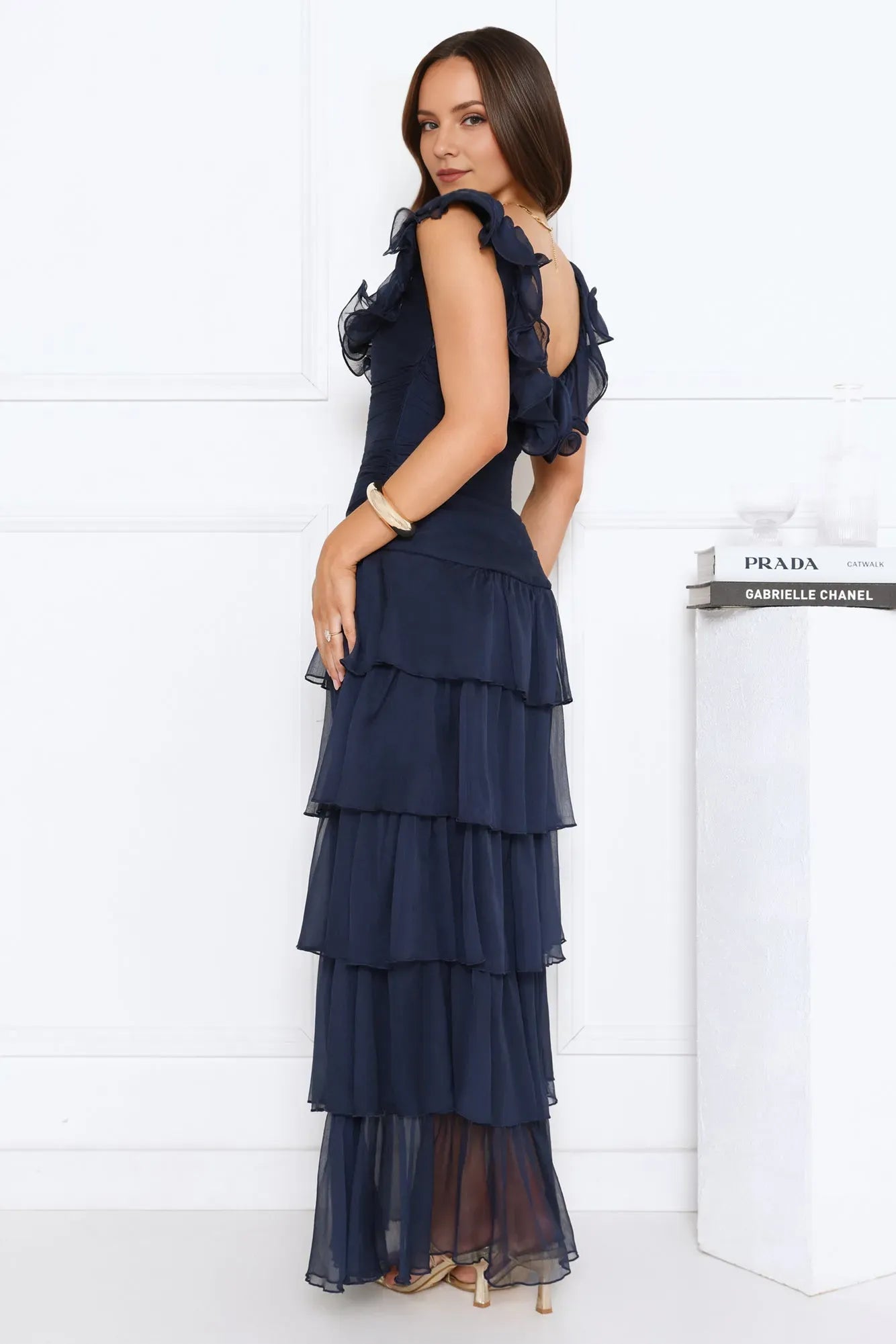 Navy Blue A-Line Square Neck Ruffled Sleeve Ankle-Length Tiered Prom Dresses
