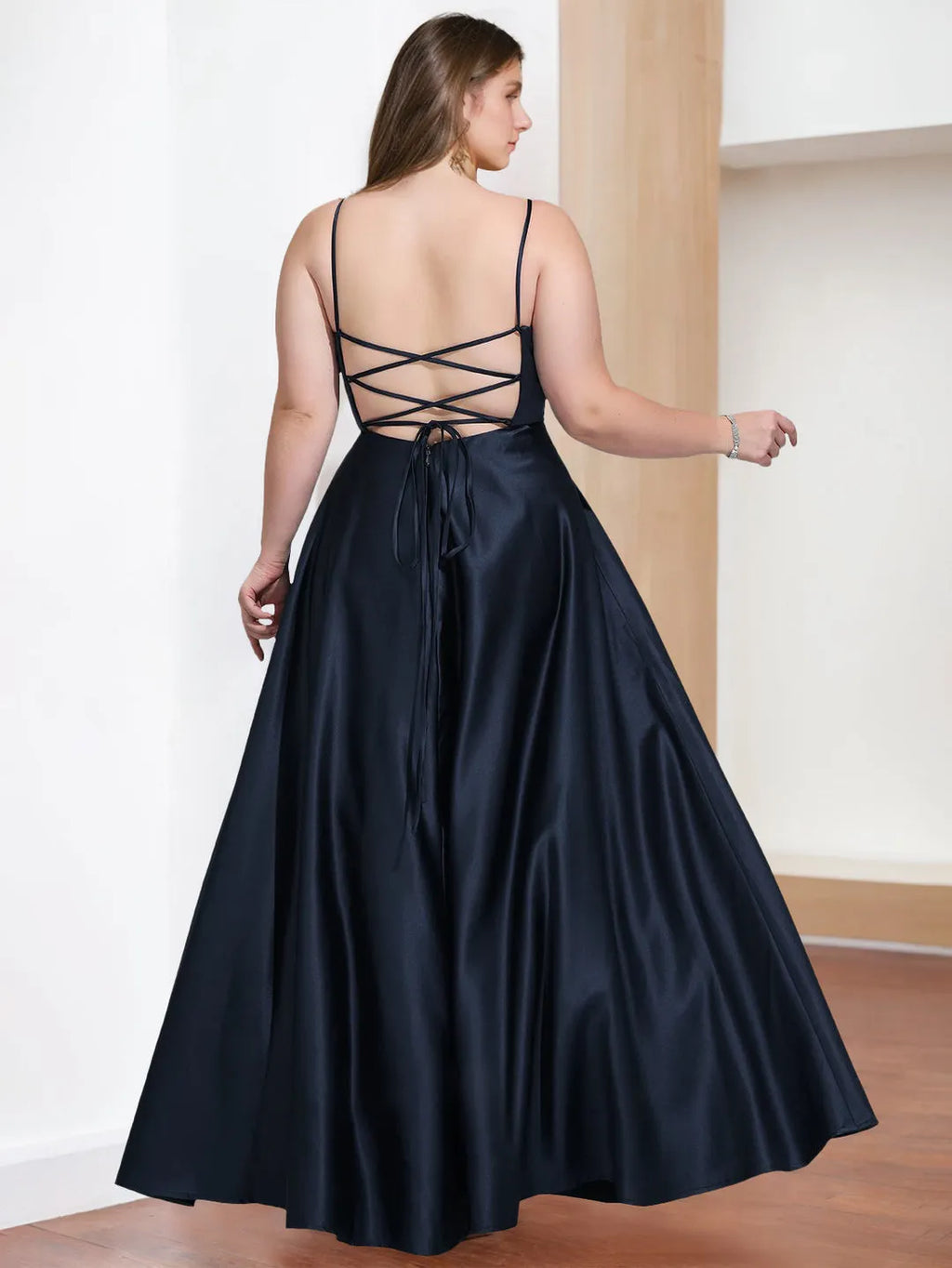 Navy Blue A-Line V-Neck Spaghetti Straps Lace-Up-Back Slit Floor-Length Plus Size prom Dresses with Split Side