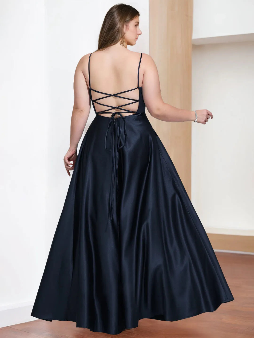 Navy Blue A-Line V-Neck Spaghetti Straps Lace-Up-Back Slit Floor-Length Plus Size prom Dresses with Split Side