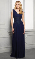 Navy Blue Evening Dresses with V - Neckline Pleated Bodice Waistband and Flowing A - Line Skirt for Formal Galas and Mother of the Bride Events
