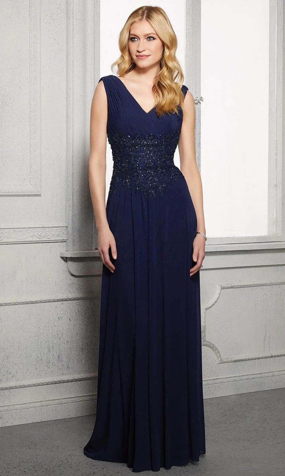 Navy Blue Evening Dresses with V - Neckline Pleated Bodice Waistband and Flowing A - Line Skirt for Formal Galas and Mother of the Bride Events