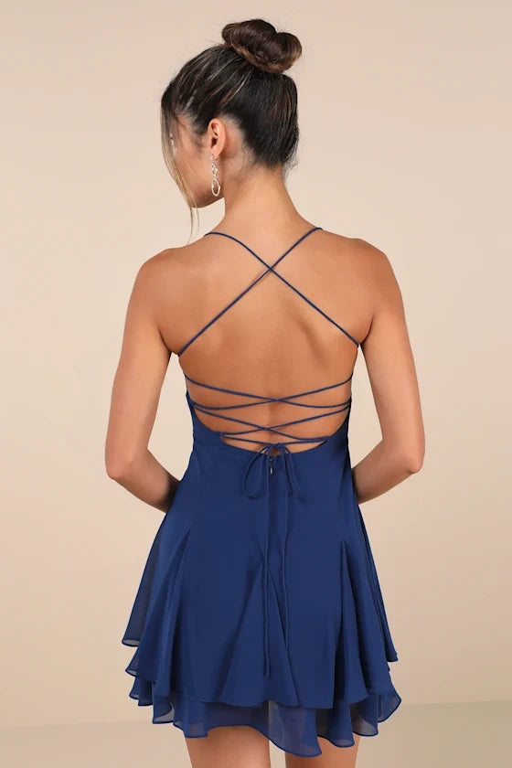 Navy Blue Homecoming Dress with Thin Straps Tiered Skirt - Perfect for School Dances