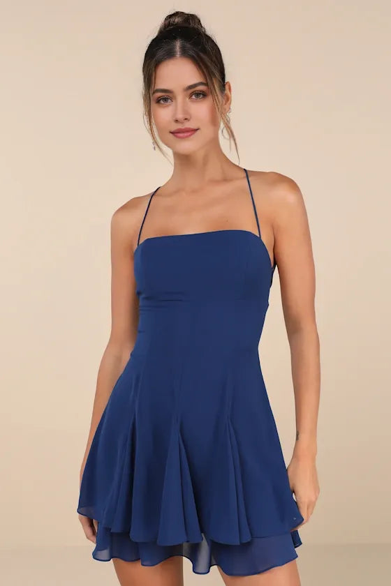 Navy Blue Homecoming Dress with Thin Straps Tiered Skirt - Perfect for School Dances