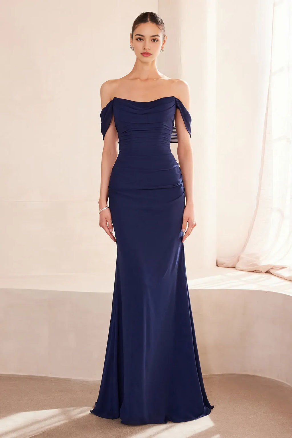 Navy Blue Off - Shoulder Mermaid Prom Dress for Graceful Evenings