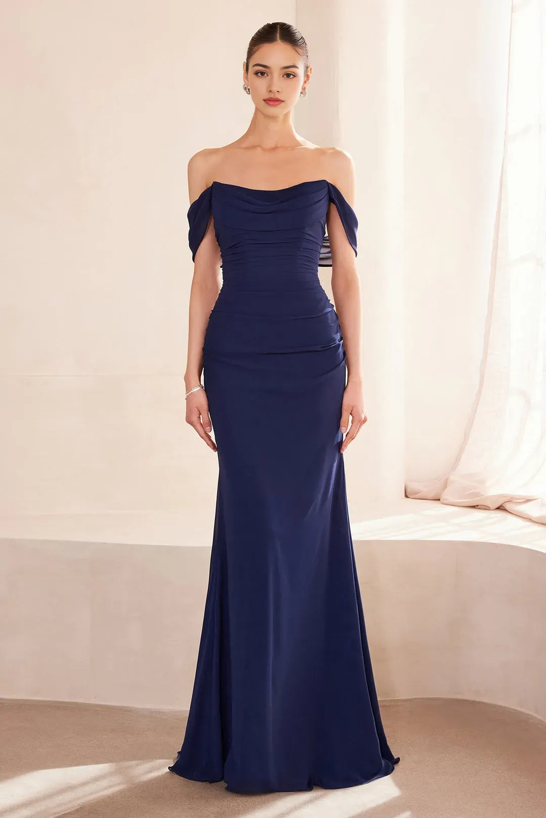 Navy Blue Off - Shoulder Mermaid Prom Dress for Graceful Evenings