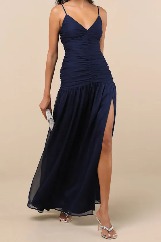 Navy Blue Prom Dress with Spaghetti Straps Ruched Bodice Tiered Skirt and High Thigh Side Slit for Formal Occasions