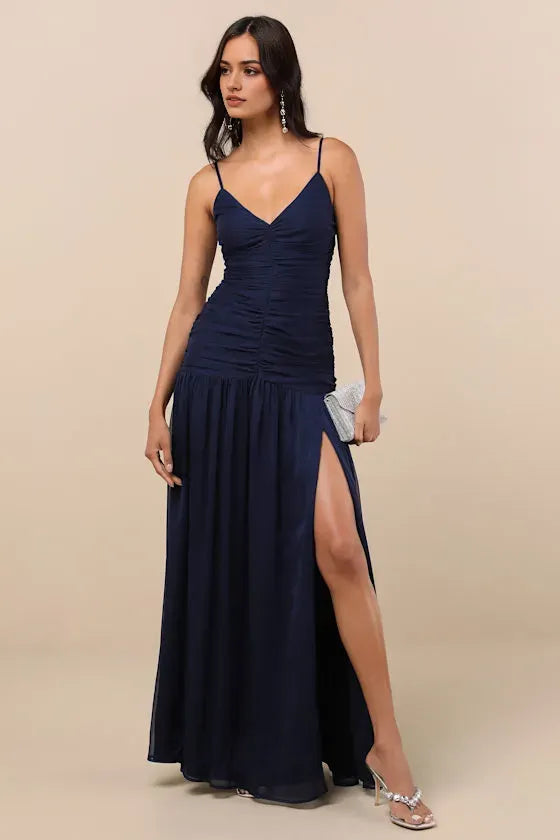 Navy Blue Prom Dress with Spaghetti Straps Ruched Bodice Tiered Skirt and High Thigh Side Slit for Formal Occasions