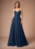 Navy Blue Prom Dress with Spaghetti Straps Sweetheart Neckline and Flowy A - Line Skirt for Forma