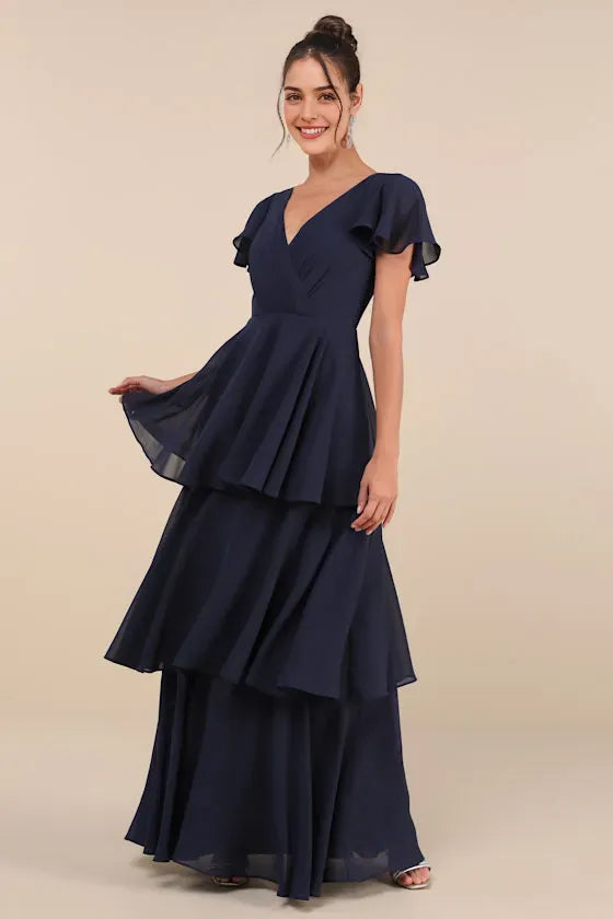 Navy Blue Tiered Evening Dresses with Surplice V Neck Flutter Sleeves Perfe