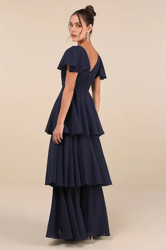 Navy Blue Tiered Evening Dresses with Surplice V Neck Flutter Sleeves Perfe