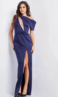 Navy Blue Evening Dresses with Asymmetric Neckline Sheer Cutout and High Side Slit Perfect for Formal Galas and Red Carpet Events