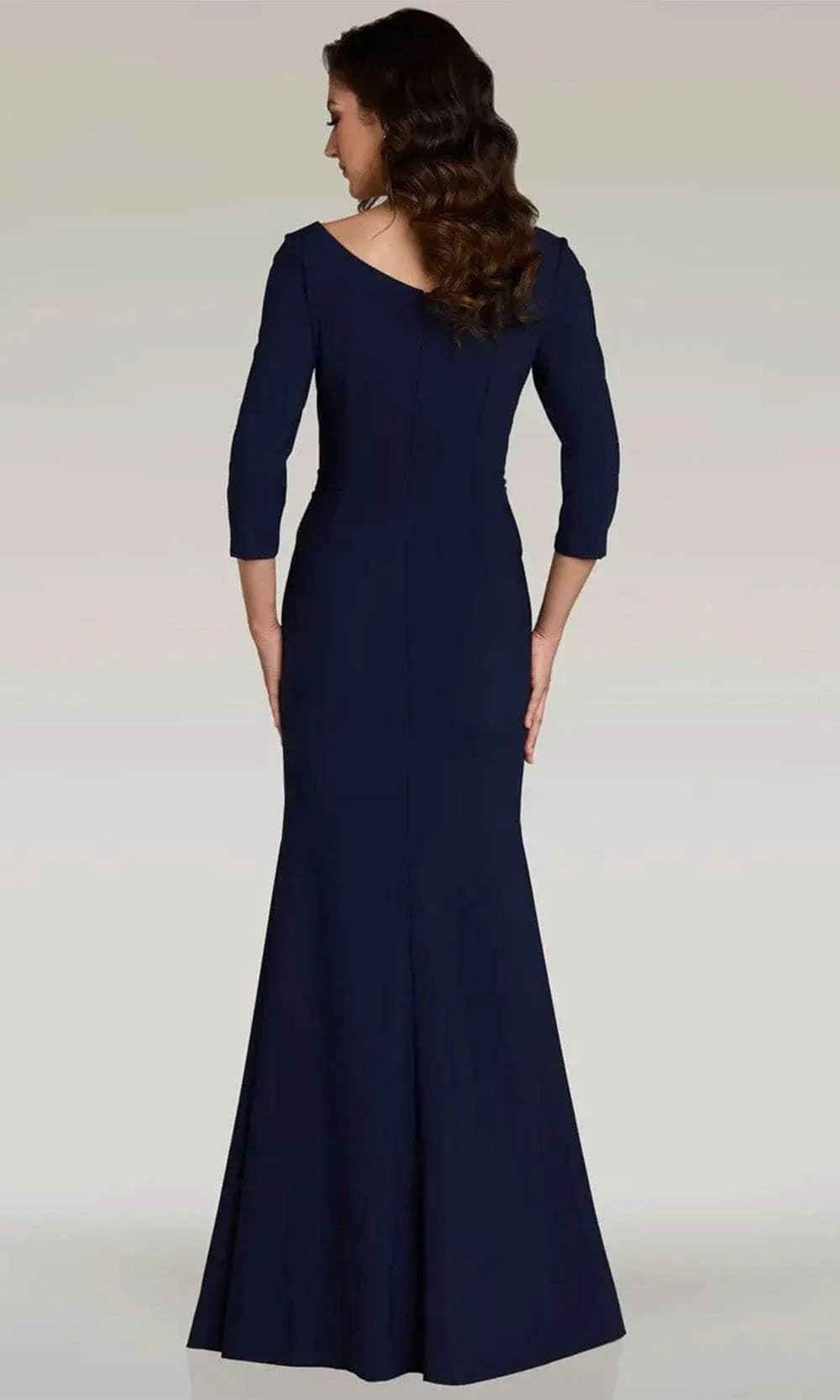 Navy Blue Evening Gown with V - Neckline 3/4 Sleeves Draped Waist Detail Floral and High Side Slit for Formal Galas