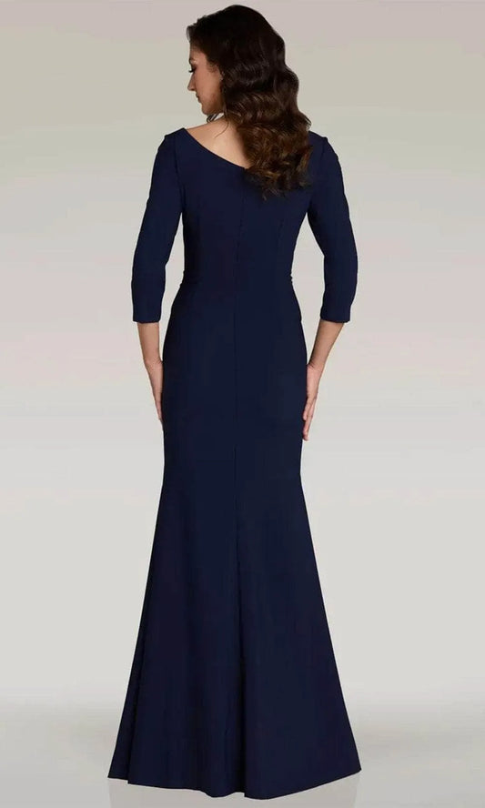 Elegant Navy-Blue Applique A-Line V-Neck Three-Quarter-Sleeve Classic-Back Floor-Length Evening Dress