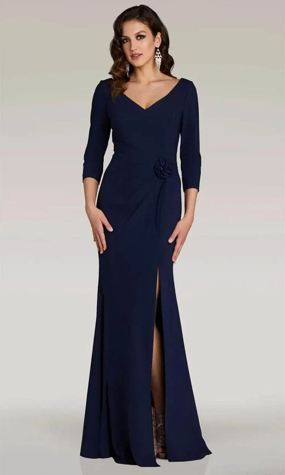 Navy Blue Evening Gown with V - Neckline 3/4 Sleeves Draped Waist Detail Floral and High Side Slit for Formal Galas