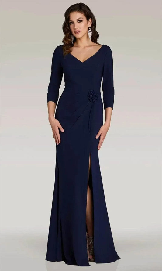 Elegant Navy-Blue Applique A-Line V-Neck Three-Quarter-Sleeve Classic-Back Floor-Length Evening Dress