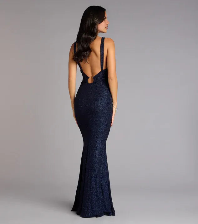 Navy Blue Glitter V-Neck Sleeveless Open-Back Mermaid Prom Dress
