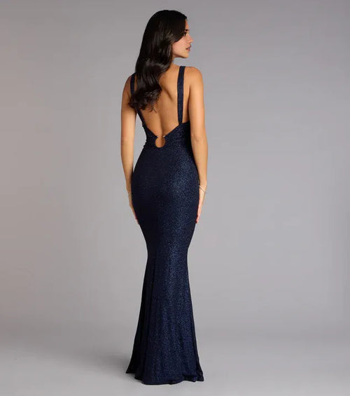 Elegant Navy-Blue Mermaid Sweetheart Sleeveless Open-Back Floor-Length Prom Dress