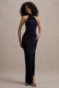 Navy Blue Halter Neck Mermaid Prom Dresses with Twist Detail and Side Slit A Perfect Blend of Sophistication and Allure for Formal Occasions