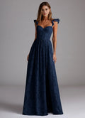 Navy Blue Jacquard Prom Dress with Ruffled Straps Sweetheart Neckline and Flowy Skirt for Formal Galas