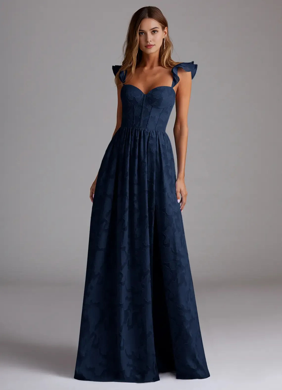 Navy Blue Jacquard Prom Dress with Ruffled Straps Sweetheart Neckline and Flowy Skirt for Formal Galas