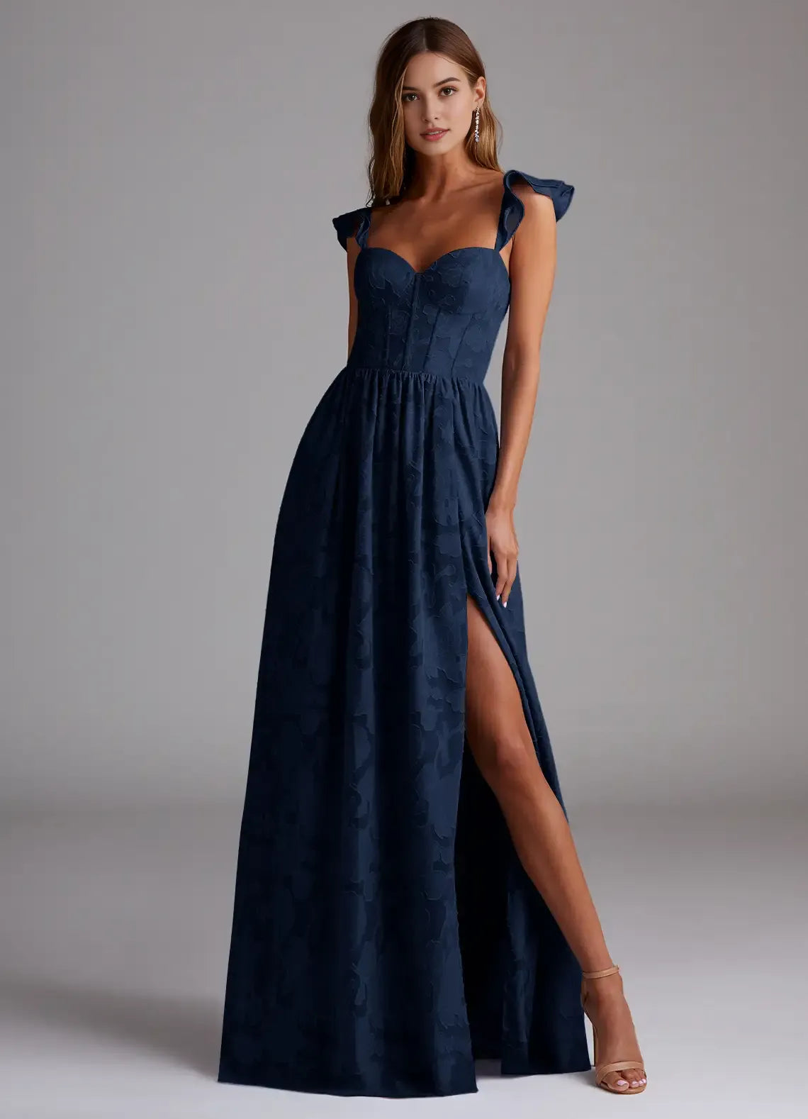 Navy Blue Jacquard Prom Dress with Ruffled Straps Sweetheart Neckline and Flowy Skirt for Formal Galas