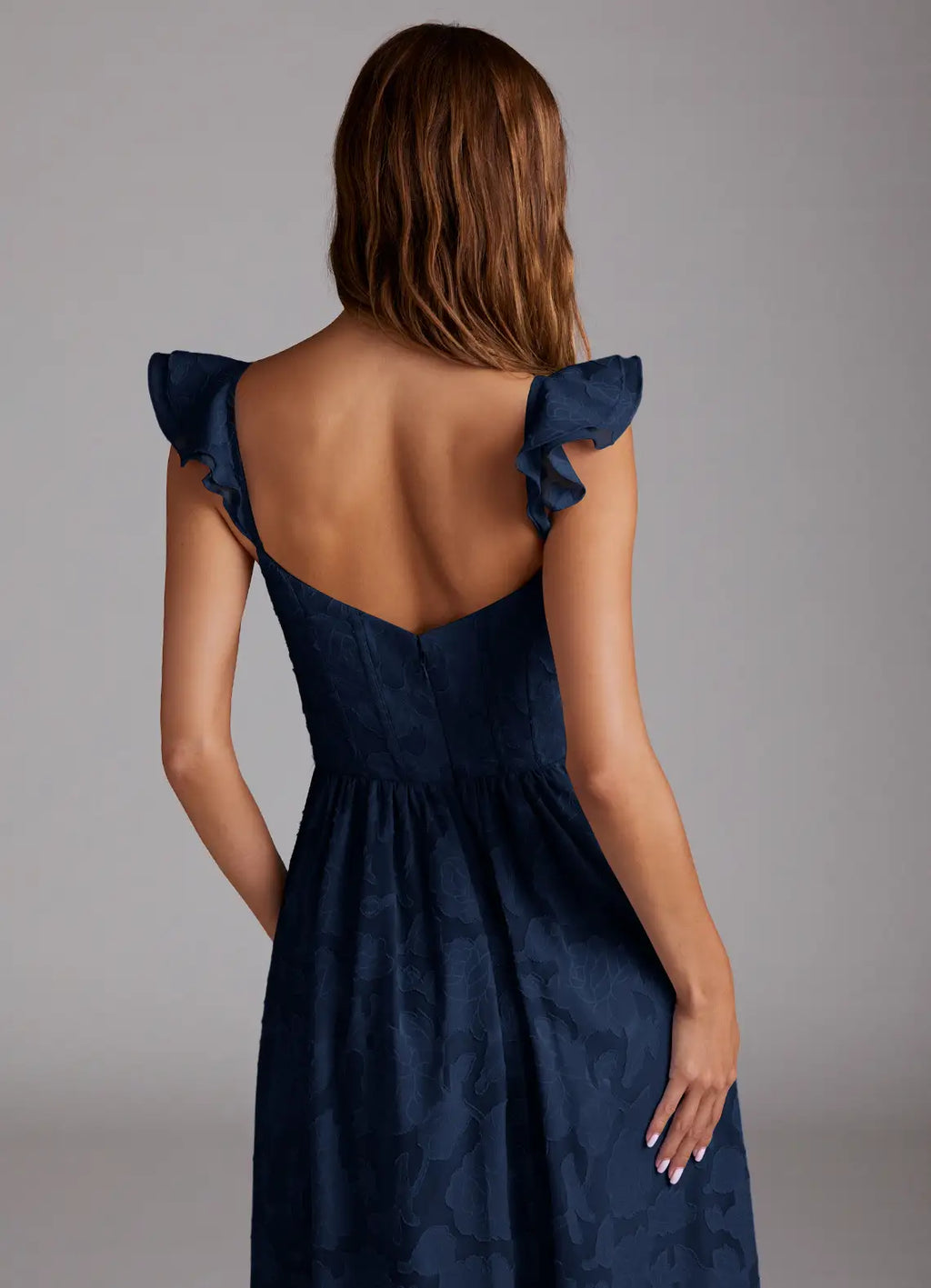 Navy Blue Jacquard Prom Dress with Ruffled Straps Sweetheart Neckline and Flowy Skirt for Formal Galas