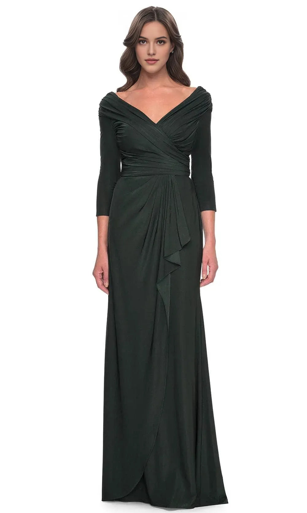 Navy Blue Long - Sleeve Evening Gown with Surplice V - Neckline Draped Bodice Asymmetric Ruffle Skirt and Figure Flattering Silhouette for Formal Black Tie Events