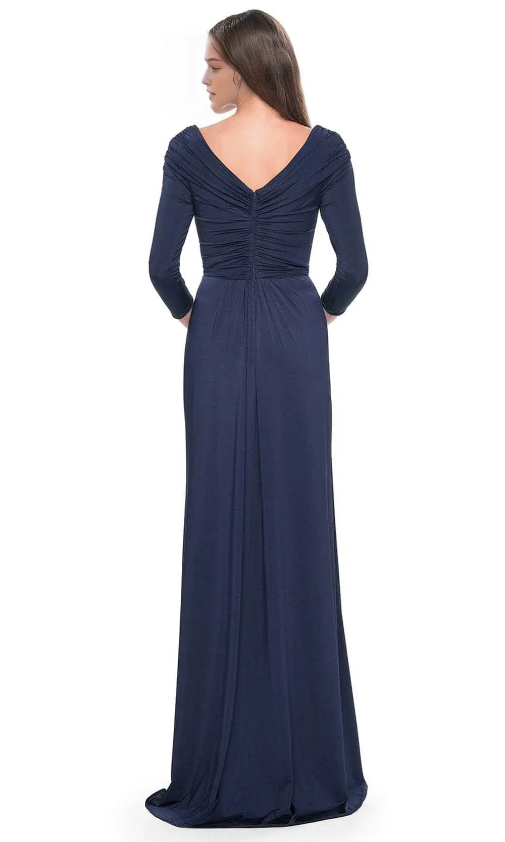 Navy Blue Long - Sleeve Evening Gown with Surplice V - Neckline Draped Bodice Asymmetric Ruffle Skirt and Figure Flattering Silhouette for Formal Black Tie Events