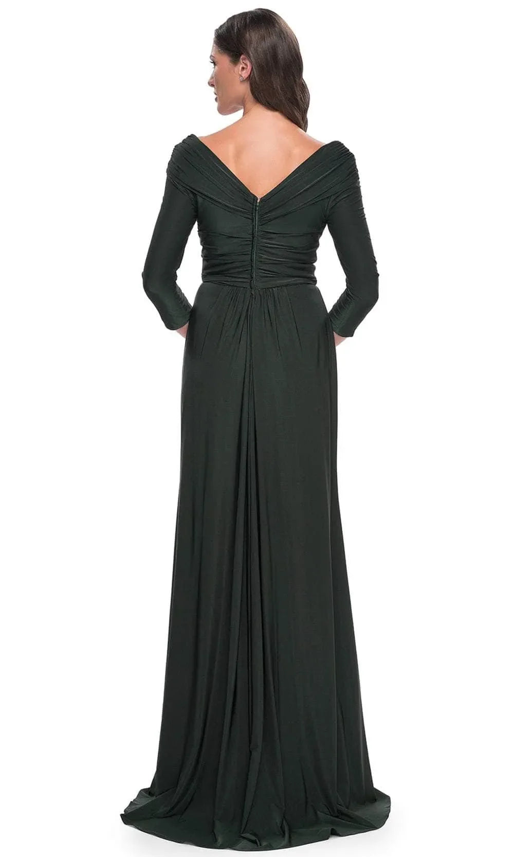 Navy Blue Long - Sleeve Evening Gown with Surplice V - Neckline Draped Bodice Asymmetric Ruffle Skirt and Figure Flattering Silhouette for Formal Black Tie Events