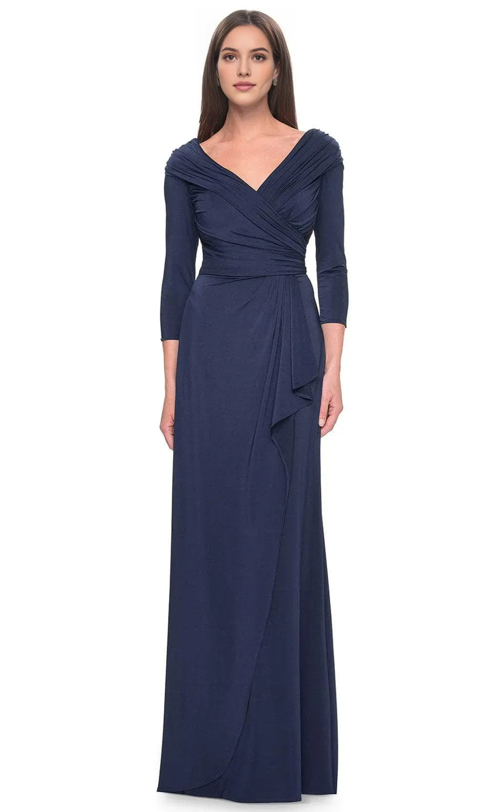 Navy Blue Long - Sleeve Evening Gown with Surplice V - Neckline Draped Bodice Asymmetric Ruffle Skirt and Figure Flattering Silhouette for Formal Black Tie Events
