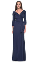 Navy Blue Long - Sleeve Evening Gown with Surplice V - Neckline Draped Bodice Asymmetric Ruffle Skirt and Figure Flattering Silhouette for Formal Black Tie Events