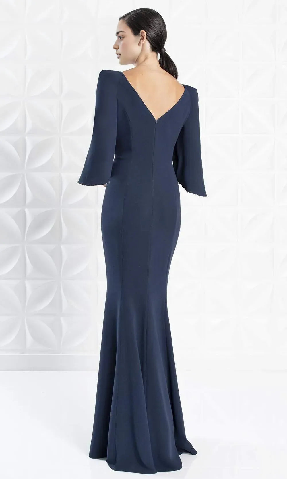 Navy Blue Mermaid Evening Dress with Cape Style Sleeves and Trim for Formal Occasions