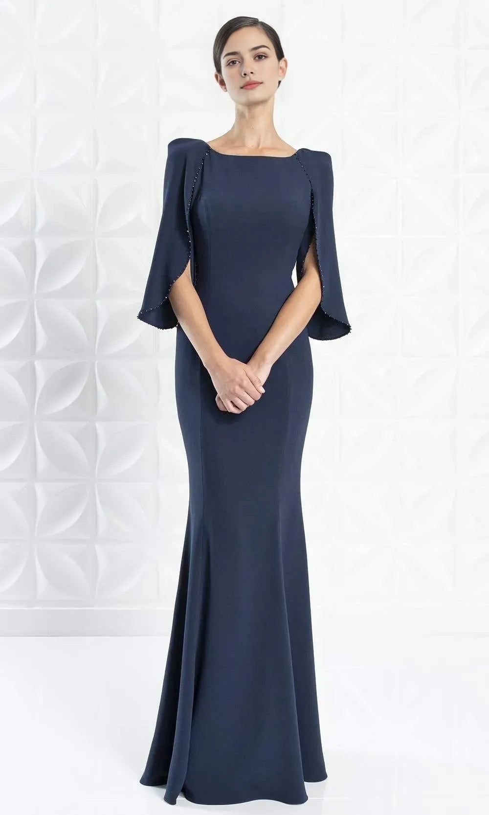 Navy Blue Mermaid Evening Dress with Cape Style Sleeves and Trim for Formal Occasions