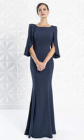 Navy Blue Mermaid Evening Dress with Cape Style Sleeves and Trim for Formal Occasions