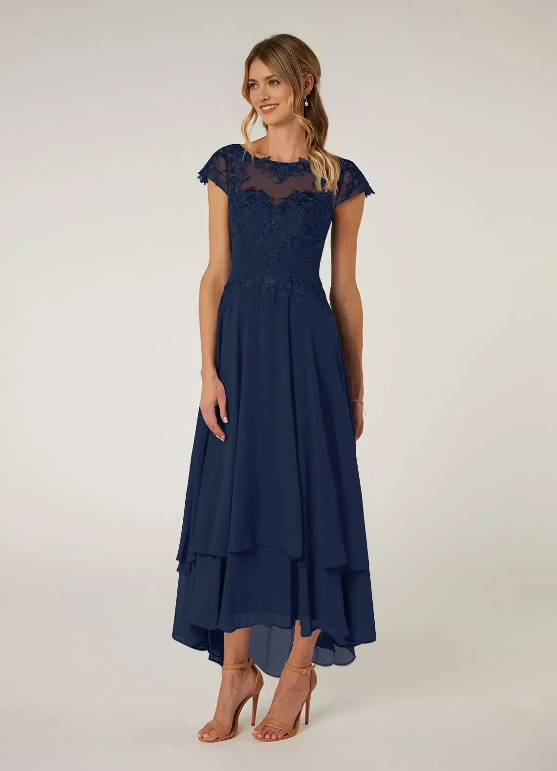 Navy Blue Mother of the Bride Dress with Sheer Bodice Cap Sleeves Tiered High Low Skirt women