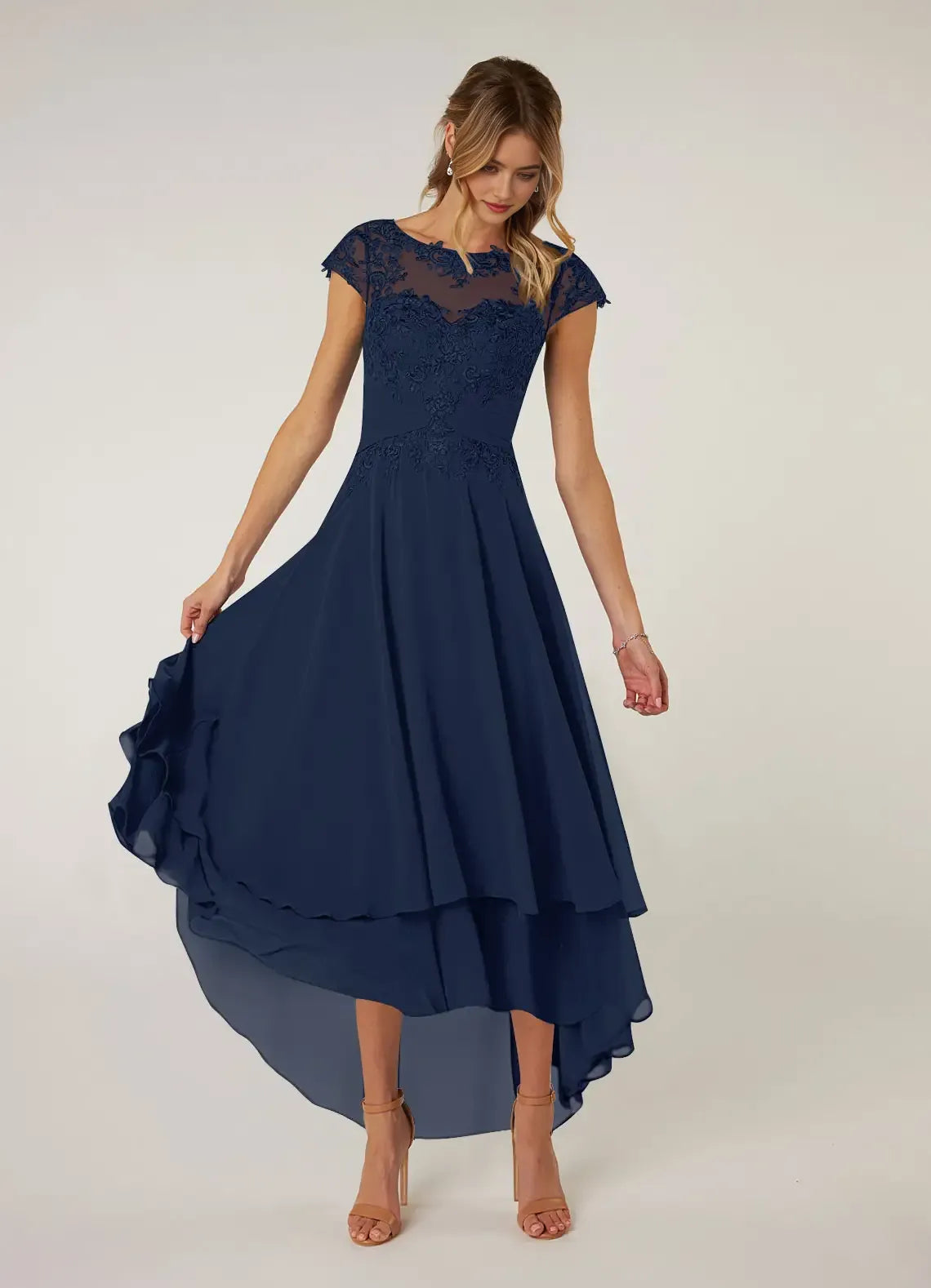 Navy Blue Mother of the Bride Dress with Sheer Bodice Cap Sleeves Tiered High Low Skirt women