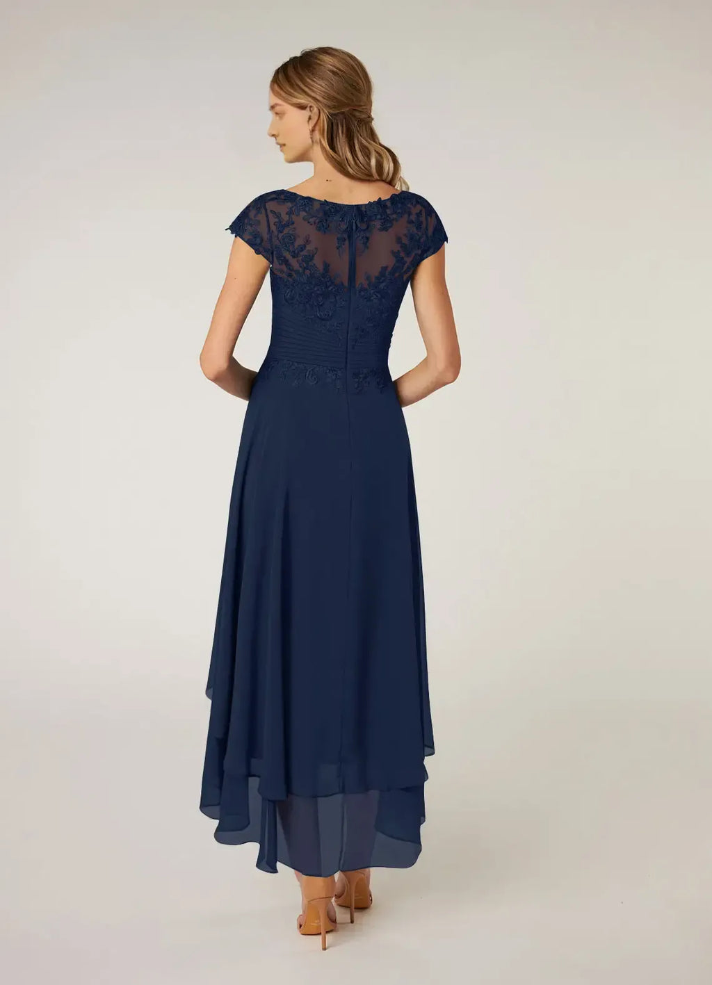 Navy Blue Mother of the Bride Dress with Sheer Bodice Cap Sleeves Tiered High Low Skirt women