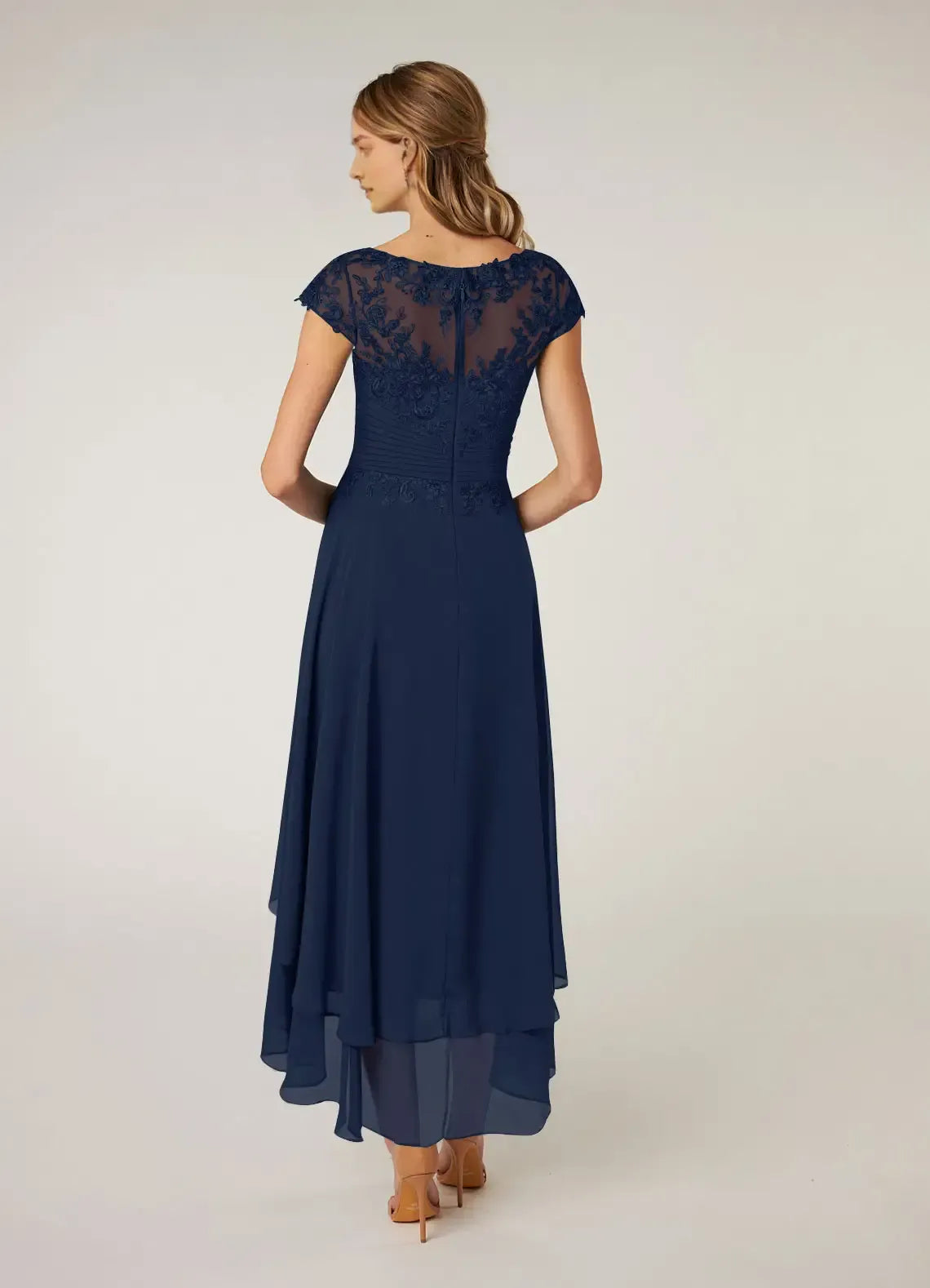 Navy Blue Mother of the Bride Dress with Sheer Bodice Cap Sleeves Tiered High Low Skirt women
