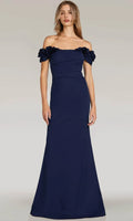 Navy Blue Off - Shoulder Evening Dresses featuring Floral Details Ruched Design and Mermaid Fit