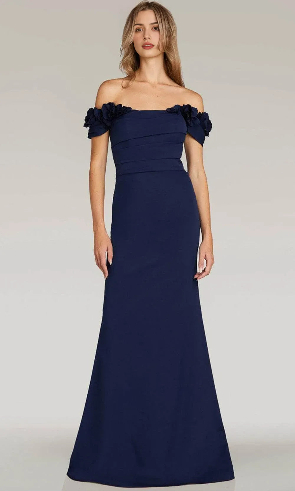 Navy Blue Off - Shoulder Evening Dresses featuring Floral Details Ruched Design and Mermaid Fit