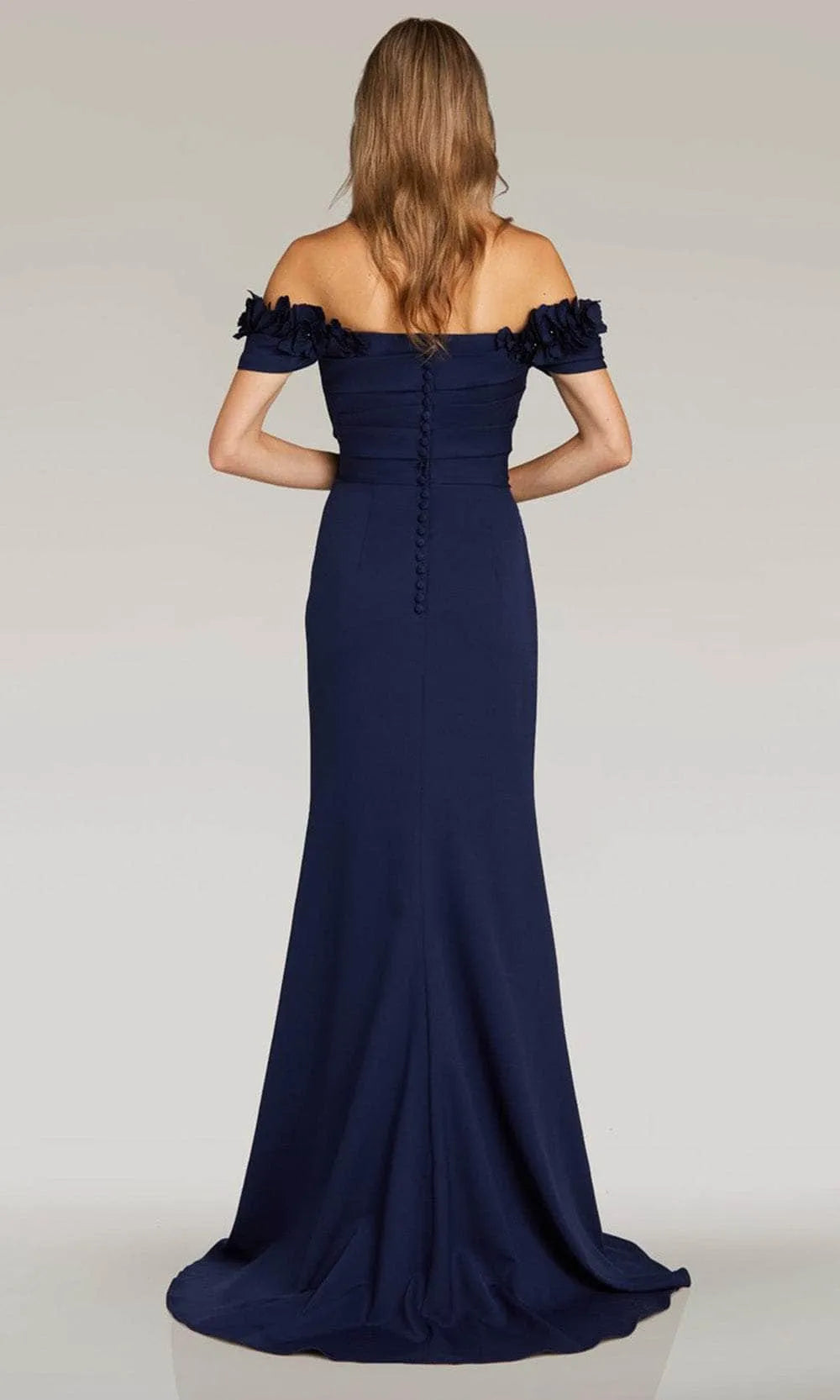 Navy Blue Off - Shoulder Evening Dresses featuring Floral Details Ruched Design and Mermaid Fit