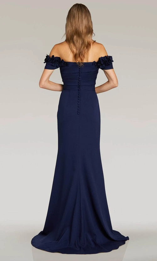 Elegant Navy-Blue Floral Mermaid Classic-Neck Classic-Sleeve Classic-Back Floor-Length Evening Dress