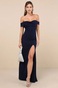 Navy Blue Off - Shoulder Evening Dresses with Twisted Front High Side Slit Perfect for Sophisticated Formal Galas