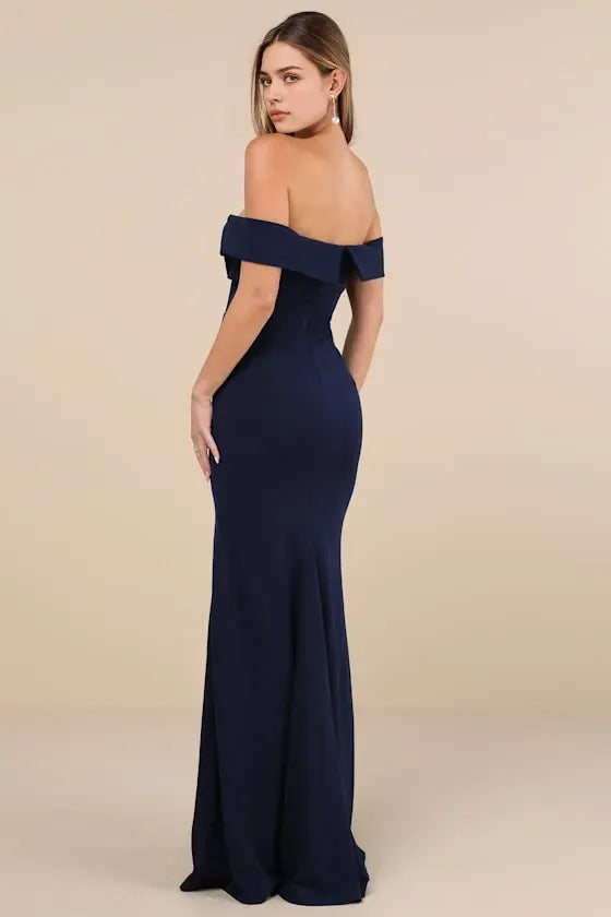 Navy Blue Off - Shoulder Evening Dresses with Twisted Front High Side Slit Perfect for Sophisticated Formal Galas