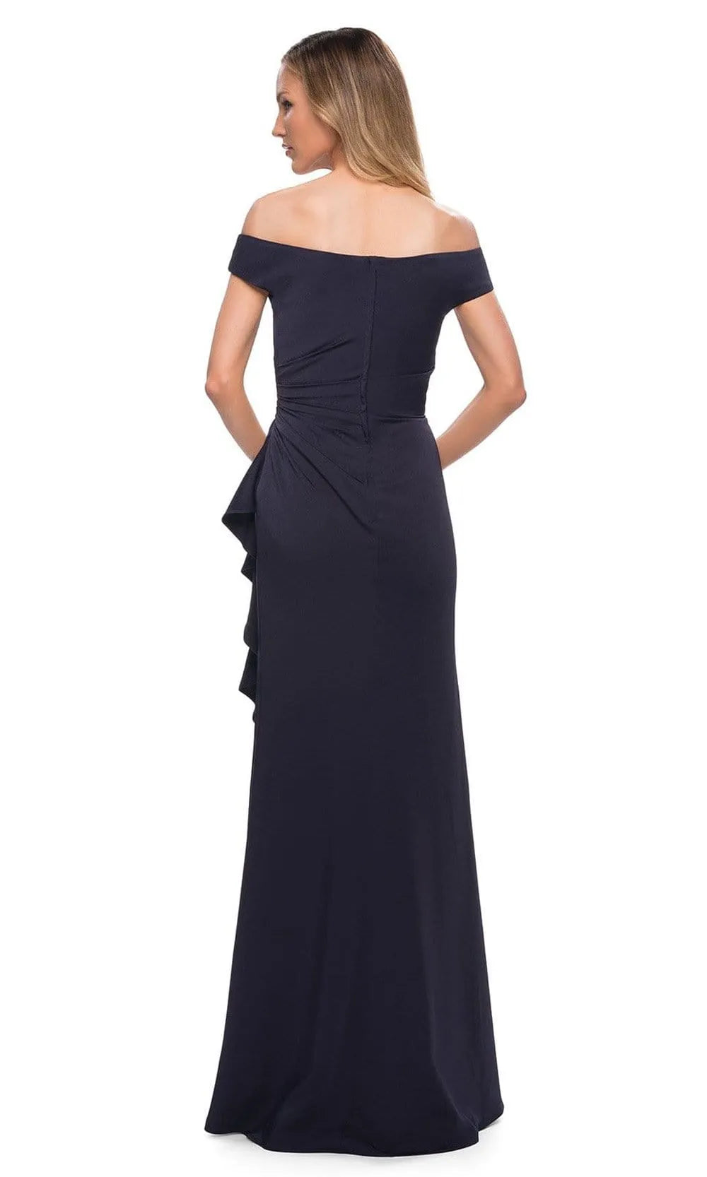 Navy Blue Off - Shoulder Evening Dress with Asymmetric Ruffle Detail and Draped Bodice