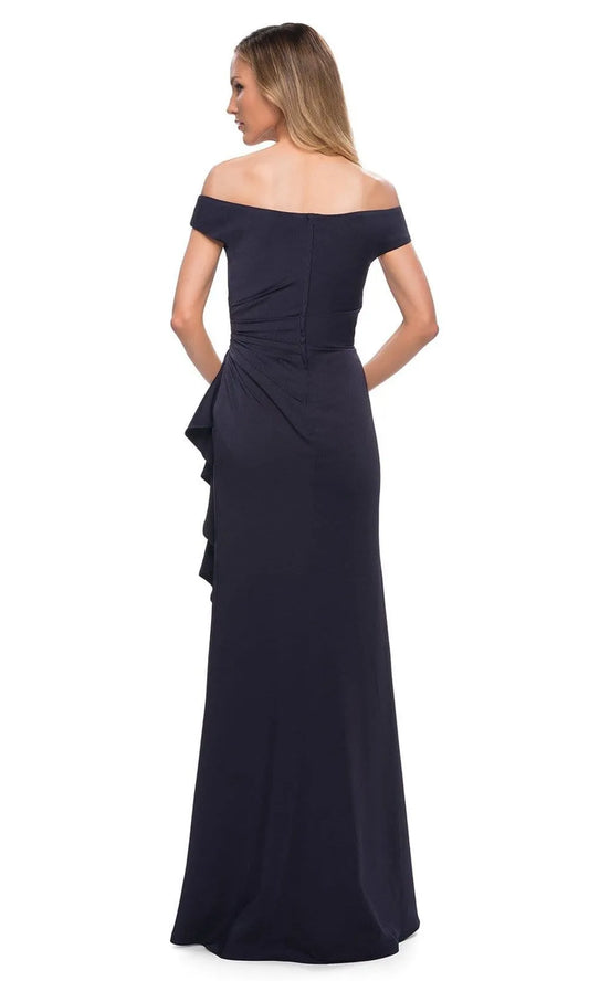 Elegant Navy-Blue Ruffled A-Line Classic-Neck Classic-Sleeve Classic-Back Floor-Length Evening Dress